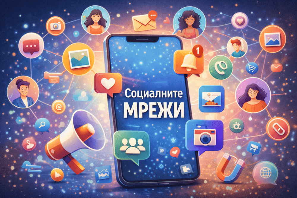 Илюстрация на развитието на социалните мрежи с мобилен телефон, символи за съобщения, снимки и връзки между хора