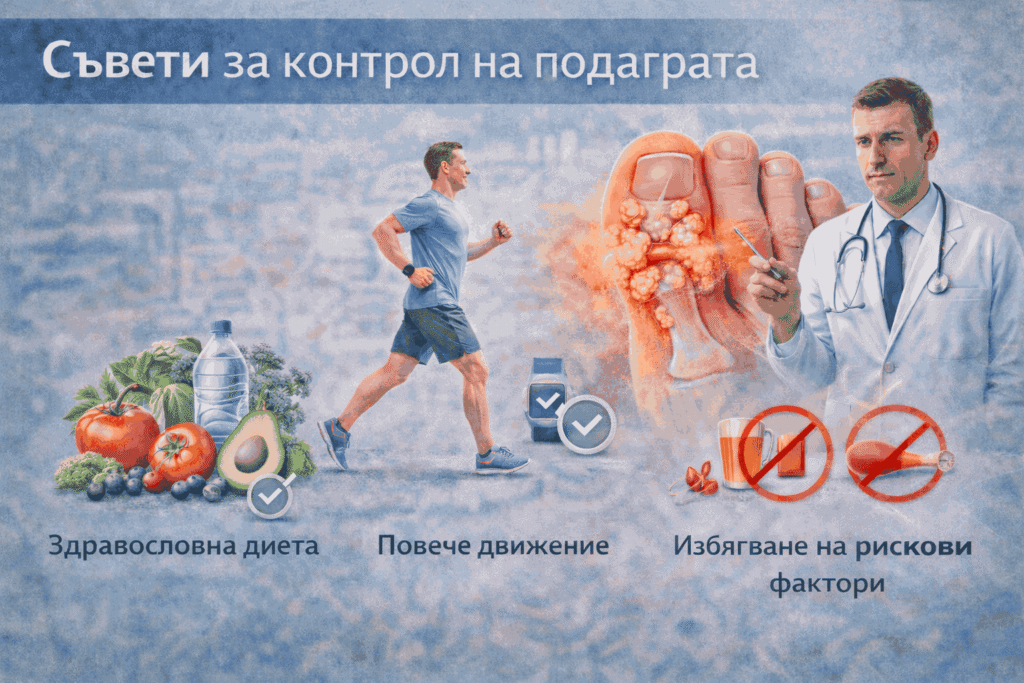 Съвети за контрол на подаграта, здравословната диета, движение и избягвайте рисковите фактори