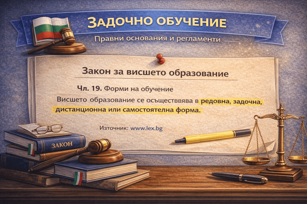 Извадка от чл. 19 на Закона за висшето образование, посочваща задочното обучение като призната форма