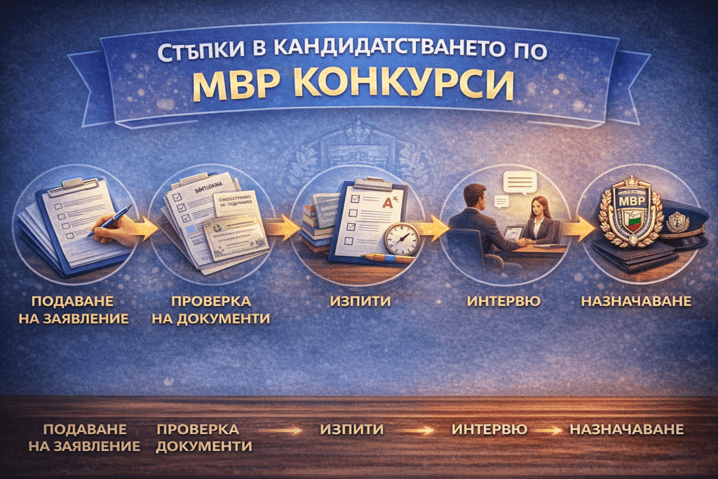 Инфографика, показваща основните стъпки при кандидатстване по мвр конкурси – от подаване на заявление до назначаване.