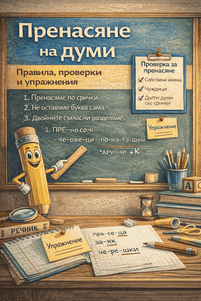 Пренасяне на думи с правила, проверки и упражнения – образователна инфографика с учебни примери и визуален стил като училищна дъска