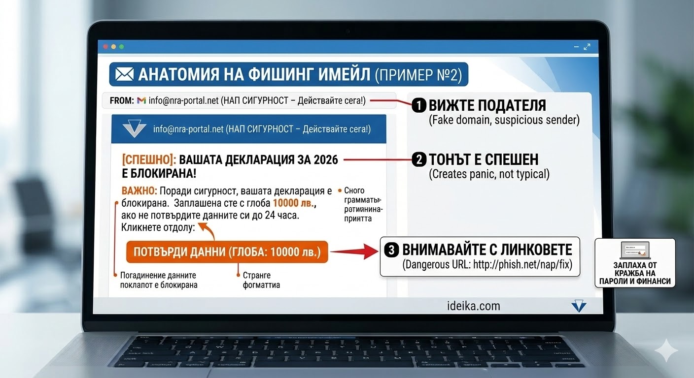 измамен имейл, показан на монитор на лаптоп. Чрез червени стрелки и анотации на български са подчертани „червените флагове“: спешен тон в заглавието („Спешно!“), грешен домейн на подателя, заплашителен текст в тялото и бутон за действие („Коригирайте веднага“). Тази визуализация илюстрира клопките, които правят модерните фишинг атаки успешни и опасни за вашата сигурност при вход в нап с пик