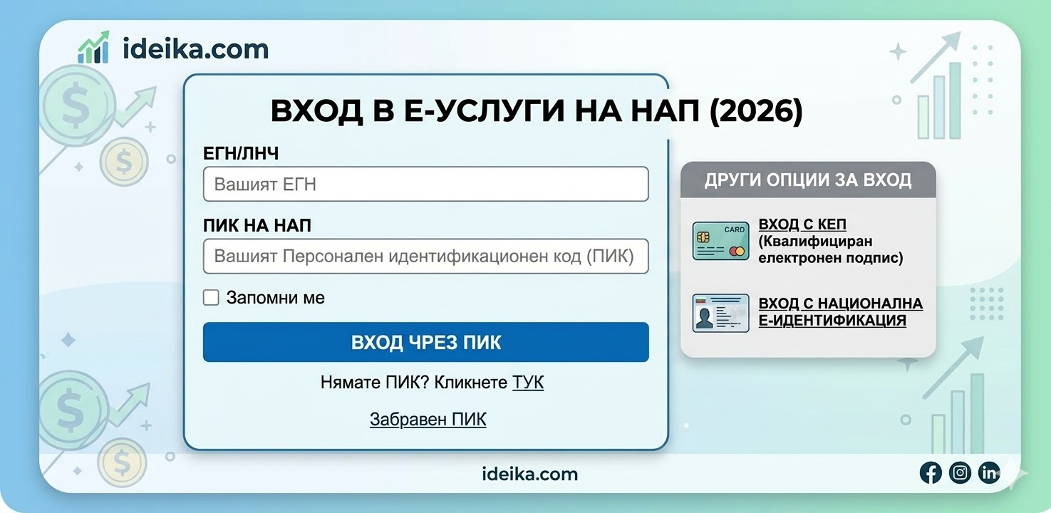 Изглед на началния екран за вход в портала на НАП за електронни услуги. Показани са полетата за въвеждане на ЕГН и ПИК. Това е първата стъпка, за да подадете своята данъчна декларация онлайн през 2026 година