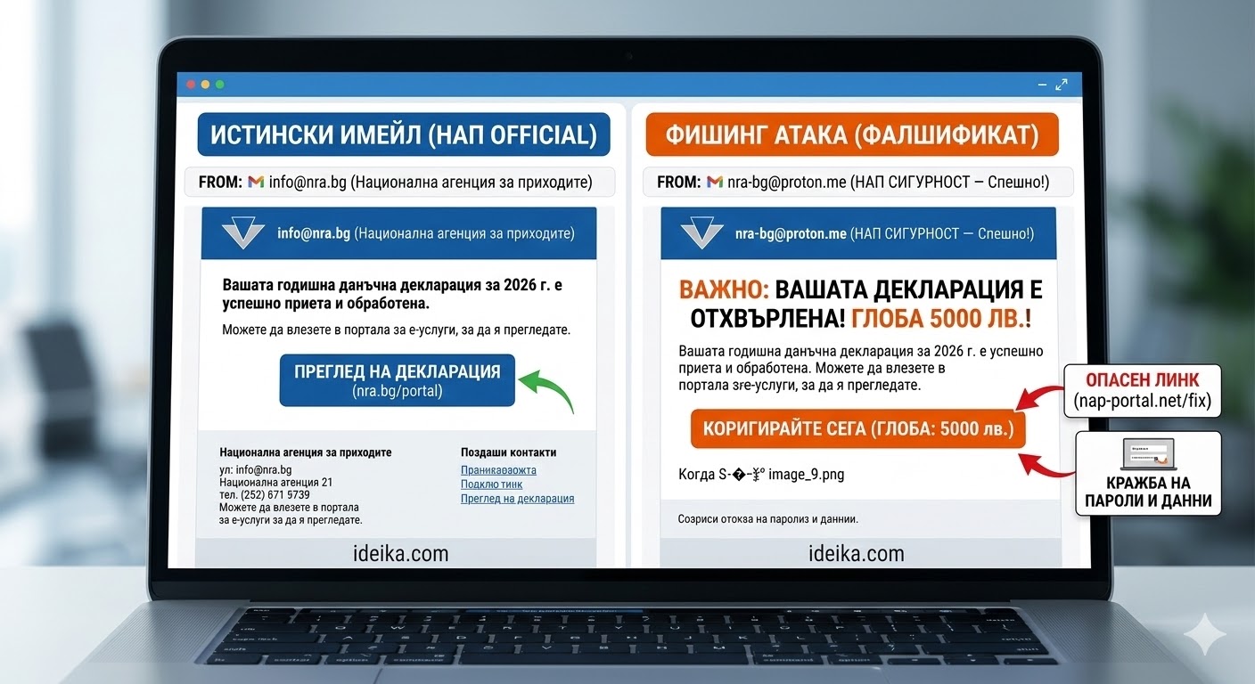 Инфографика, показваща два имейла един до друг на екрана на лаптоп. Левият имейл е обозначен като „ИСТИНСКИ“ (с официален домейн и коректно форматиране), а десният – като „ФИШИНГ“ (с подвеждащ подател, спешен тон и опасен линк). Тази визуална справка помага на потребителите да разпознаят клопките, които правят модерните фишинг атаки успешни, преди да предприемат каквото и да е действие за вход в нап с пик.