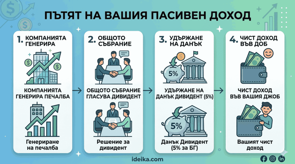 подробна визуализация в 4 стъпки на тема какво е данък дивидент и пътят на пасивния доход. Включва икони за генериране на печалба, решение на общо събрание, удържане на 5% данък от държавата и получаване на чист доход в портфейла на инвеститора