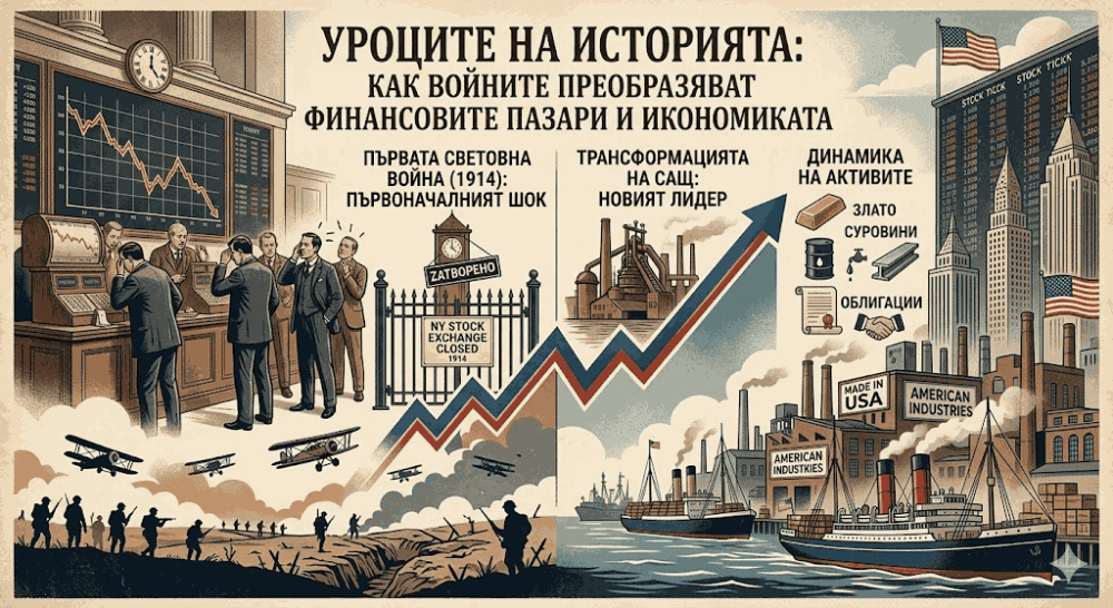 Историческа инфографика за влиянието на Първата световна война върху финансовите пазари и икономиката, показваща затварянето на борсата през 1914 г., възхода на американската индустрия и движението на активи като злато и облигации в глобалната стопанска система