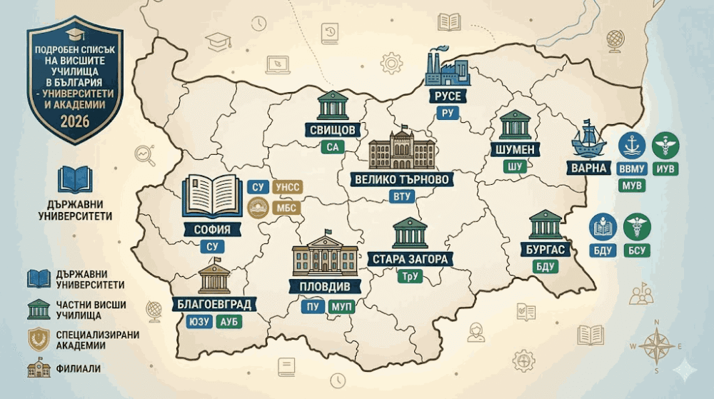 Пълен списък на висшите училища в България